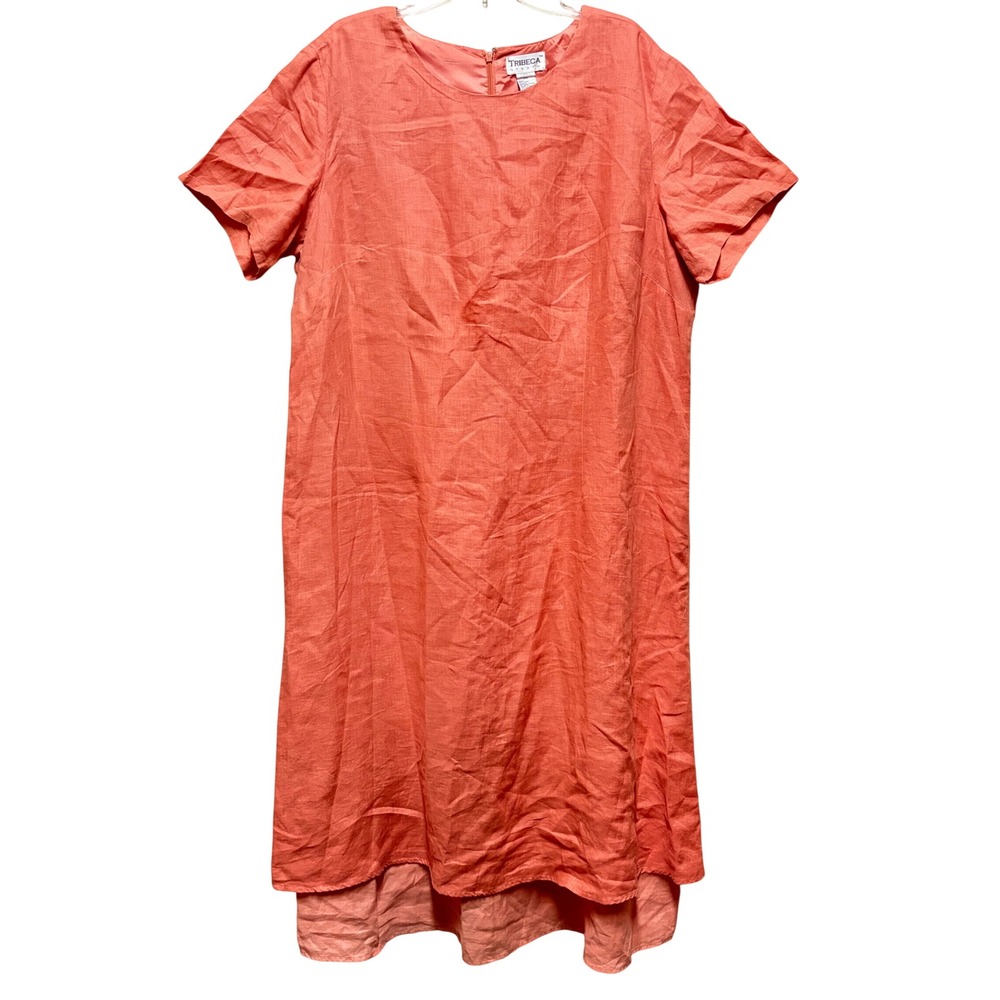 Tribeca Coral Orange 100% Linen Short Sleeve Midi Shift Dress 2XL